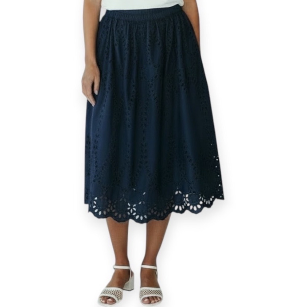 Frank & Eileen Eyelet Midi Skirt Navy Blue Size L NWOT